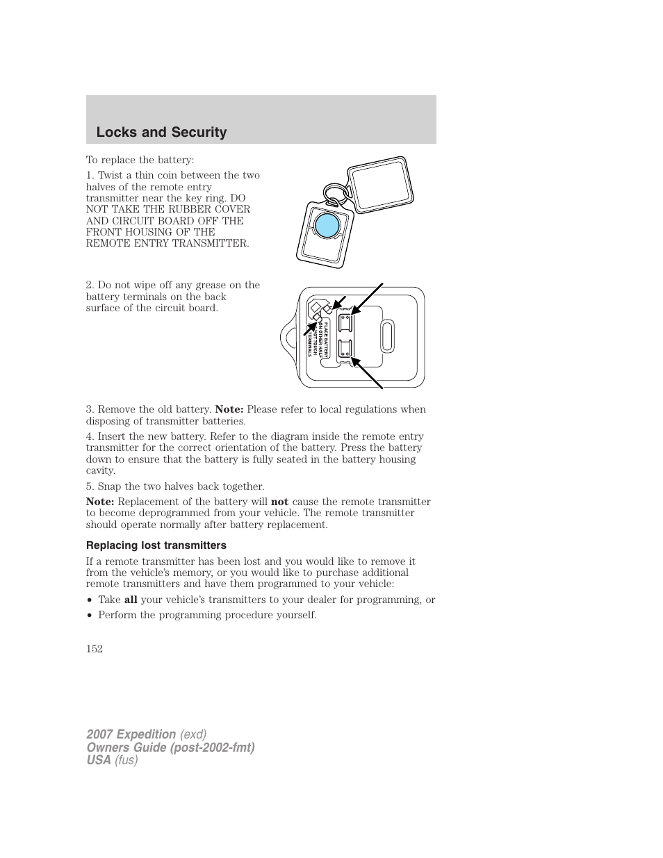 Replacing lost transmitters, Locks and security | FORD 2007 Expedition v.2 User Manual | Page 152 / 376