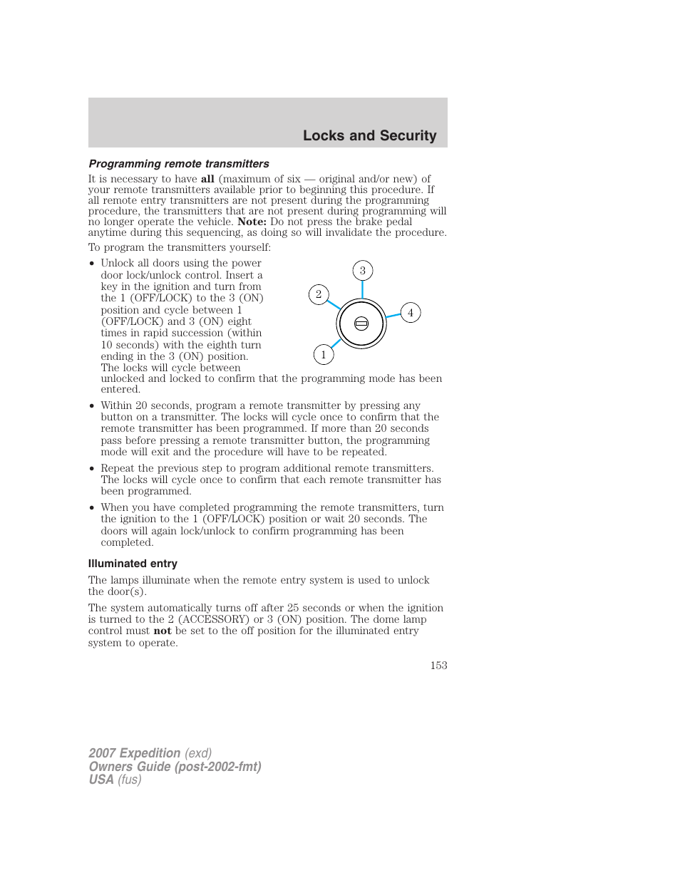 Programming remote transmitters, Illuminated entry, Locks and security | FORD 2007 Expedition v.2 User Manual | Page 153 / 376