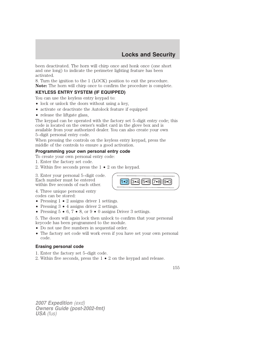 Keyless entry system (if equipped), Programming your own personal entry code, Erasing personal code | Locks and security | FORD 2007 Expedition v.2 User Manual | Page 155 / 376