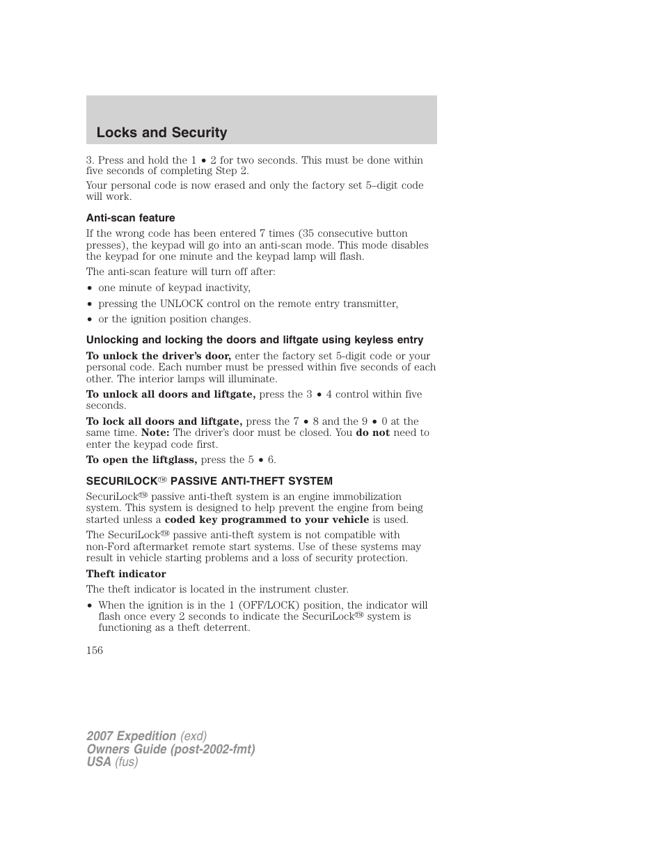 Anti-scan feature, Securilock passive anti-theft system, Locks and security | FORD 2007 Expedition v.2 User Manual | Page 156 / 376