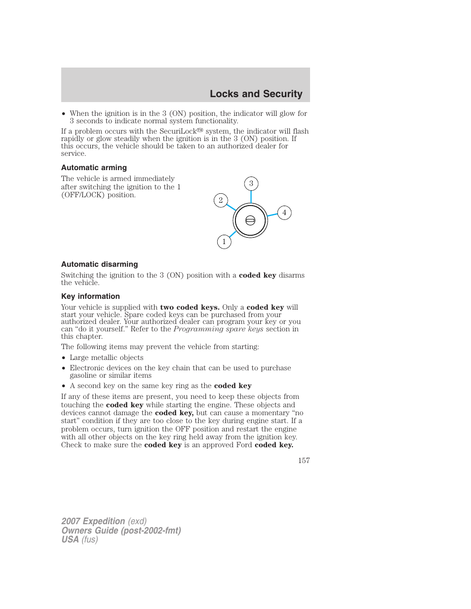 Automatic arming, Automatic disarming, Key information | Locks and security | FORD 2007 Expedition v.2 User Manual | Page 157 / 376