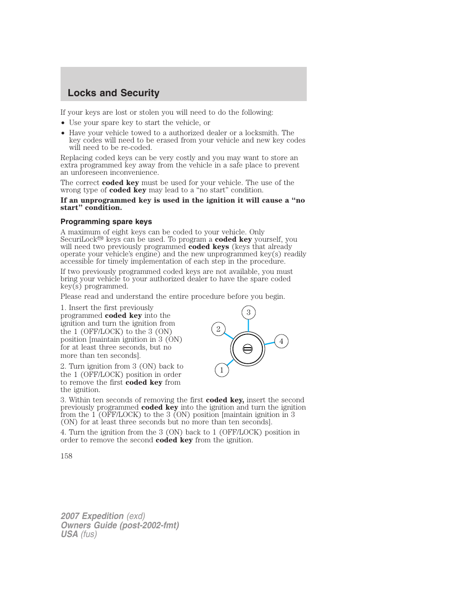 Programming spare keys, Locks and security | FORD 2007 Expedition v.2 User Manual | Page 158 / 376