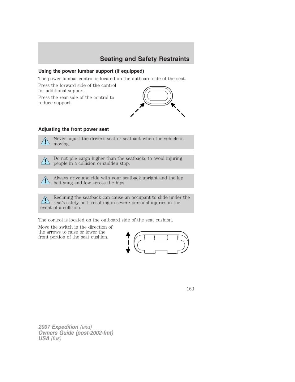 Using the power lumbar support (if equipped), Adjusting the front power seat, Seating and safety restraints | FORD 2007 Expedition v.2 User Manual | Page 163 / 376