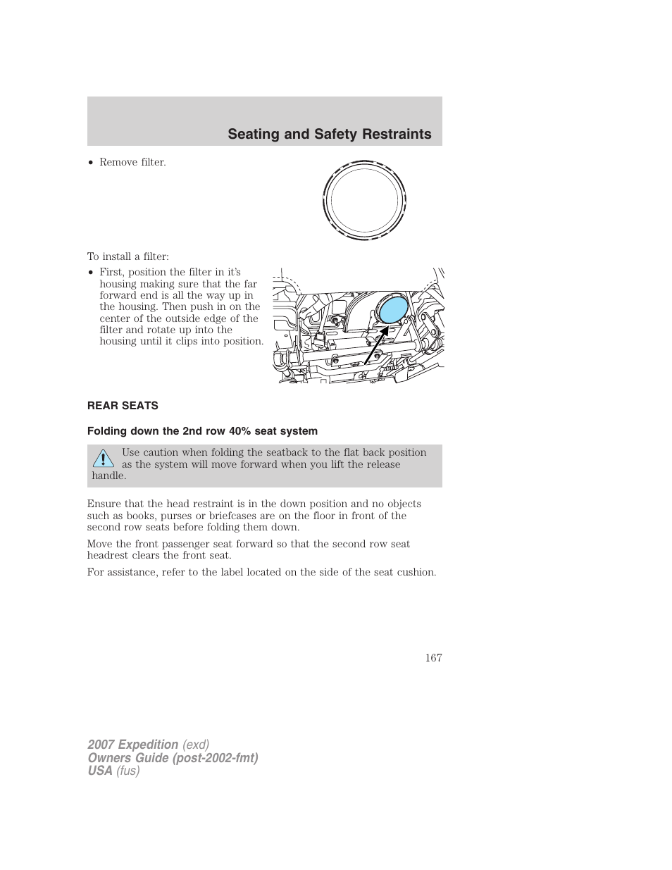 Rear seats, Folding down the 2nd row 40% seat system, Seating and safety restraints | FORD 2007 Expedition v.2 User Manual | Page 167 / 376