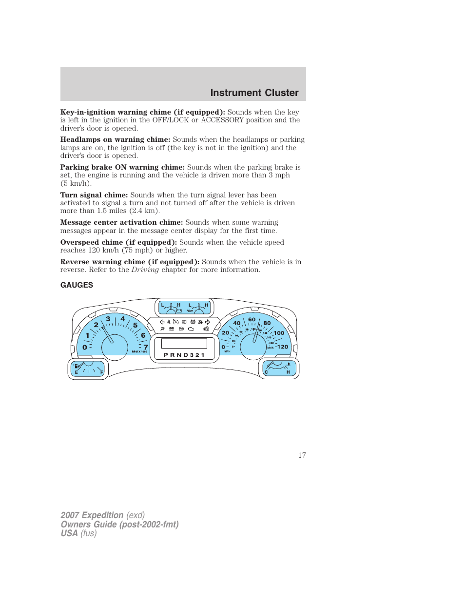 Gauges, Instrument cluster | FORD 2007 Expedition v.2 User Manual | Page 17 / 376