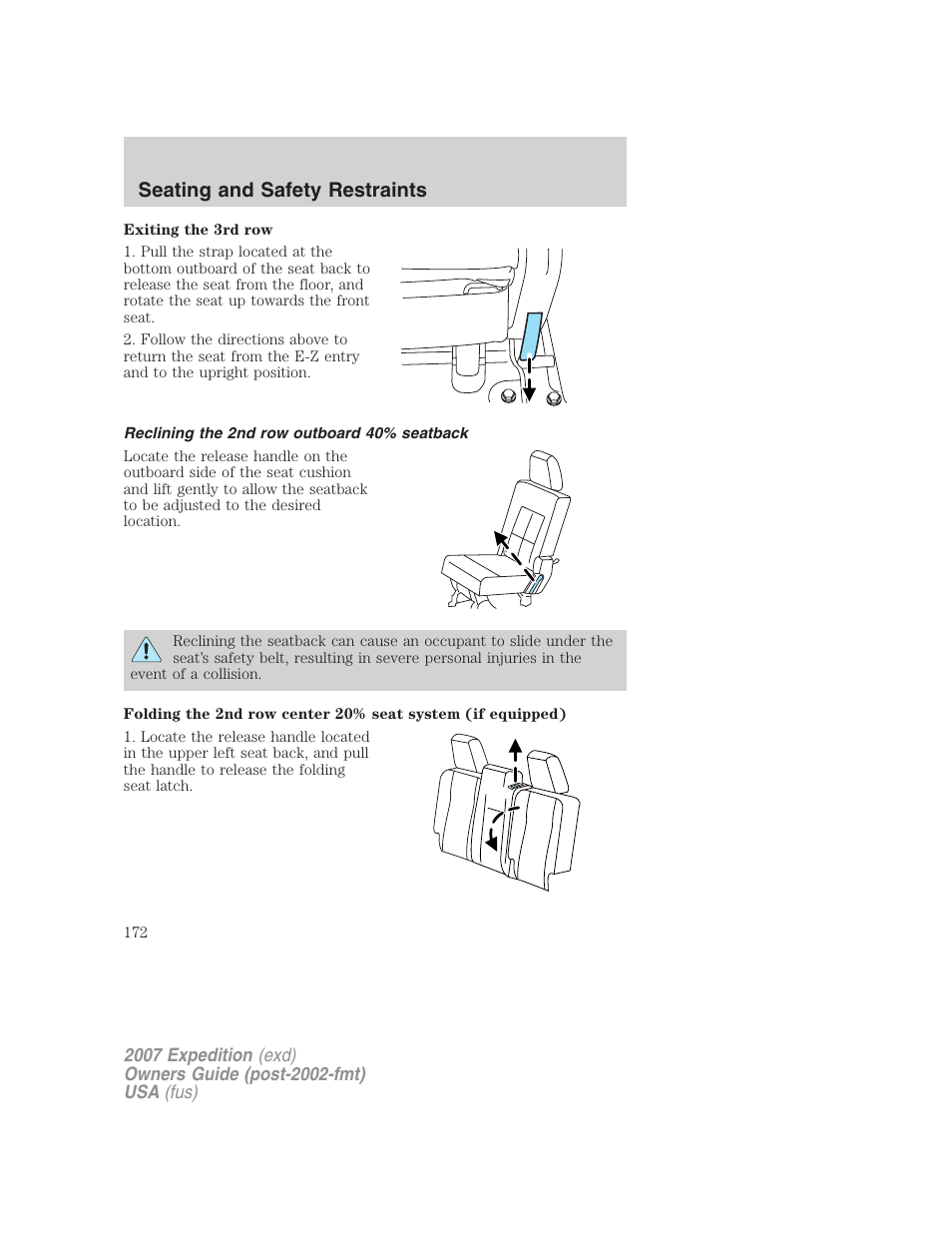 Reclining the 2nd row outboard 40% seatback, Seating and safety restraints | FORD 2007 Expedition v.2 User Manual | Page 172 / 376