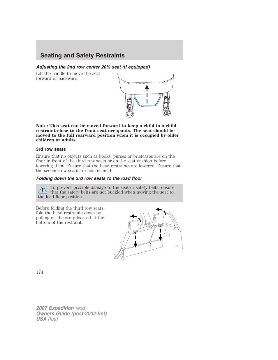 3rd row seats, Folding down the 3rd row seats to the load floor, Seating and safety restraints | FORD 2007 Expedition v.2 User Manual | Page 174 / 376