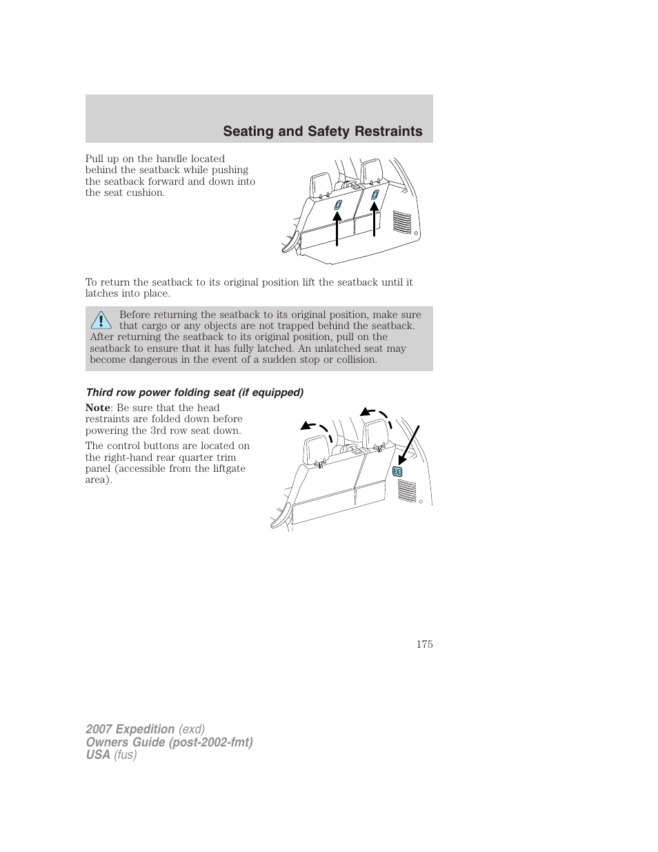 Third row power folding seat (if equipped), Seating and safety restraints | FORD 2007 Expedition v.2 User Manual | Page 175 / 376