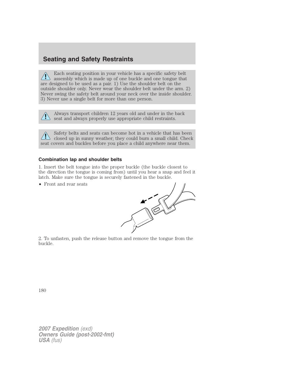 Combination lap and shoulder belts, Seating and safety restraints | FORD 2007 Expedition v.2 User Manual | Page 180 / 376