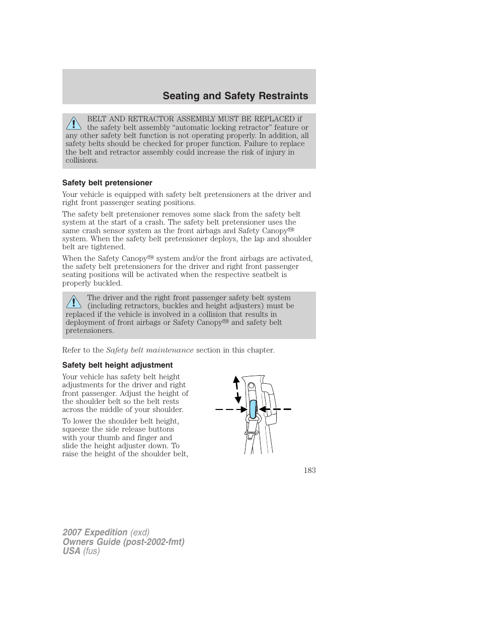 Safety belt pretensioner, Safety belt height adjustment, Seating and safety restraints | FORD 2007 Expedition v.2 User Manual | Page 183 / 376