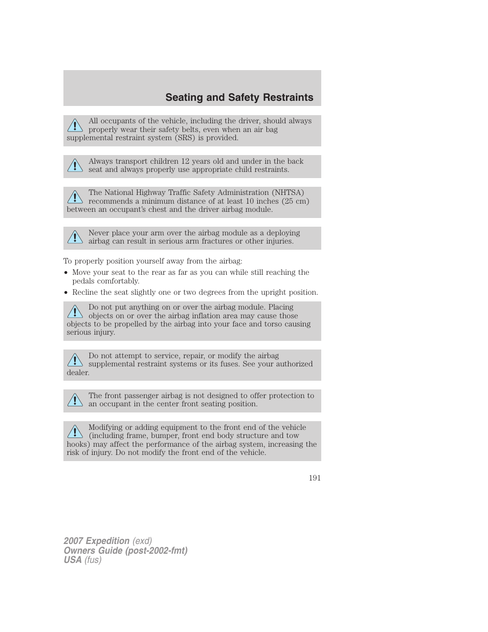 Seating and safety restraints | FORD 2007 Expedition v.2 User Manual | Page 191 / 376