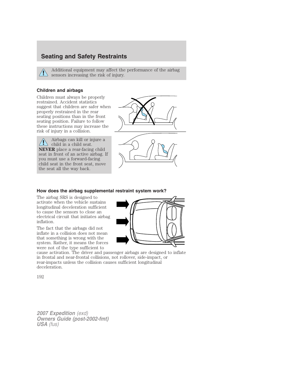 Children and airbags, Seating and safety restraints | FORD 2007 Expedition v.2 User Manual | Page 192 / 376