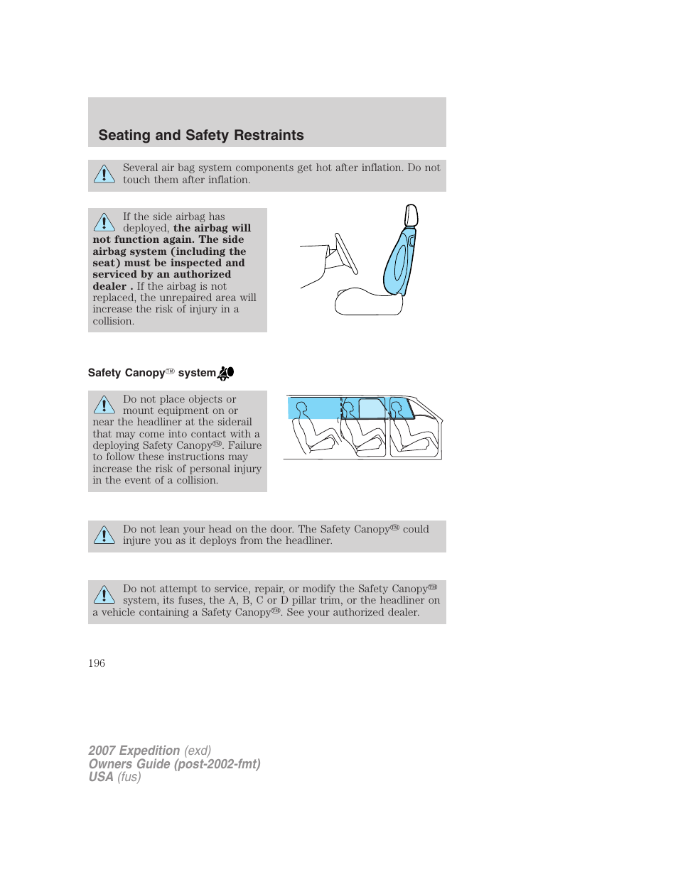 Safety canopy system, Seating and safety restraints | FORD 2007 Expedition v.2 User Manual | Page 196 / 376