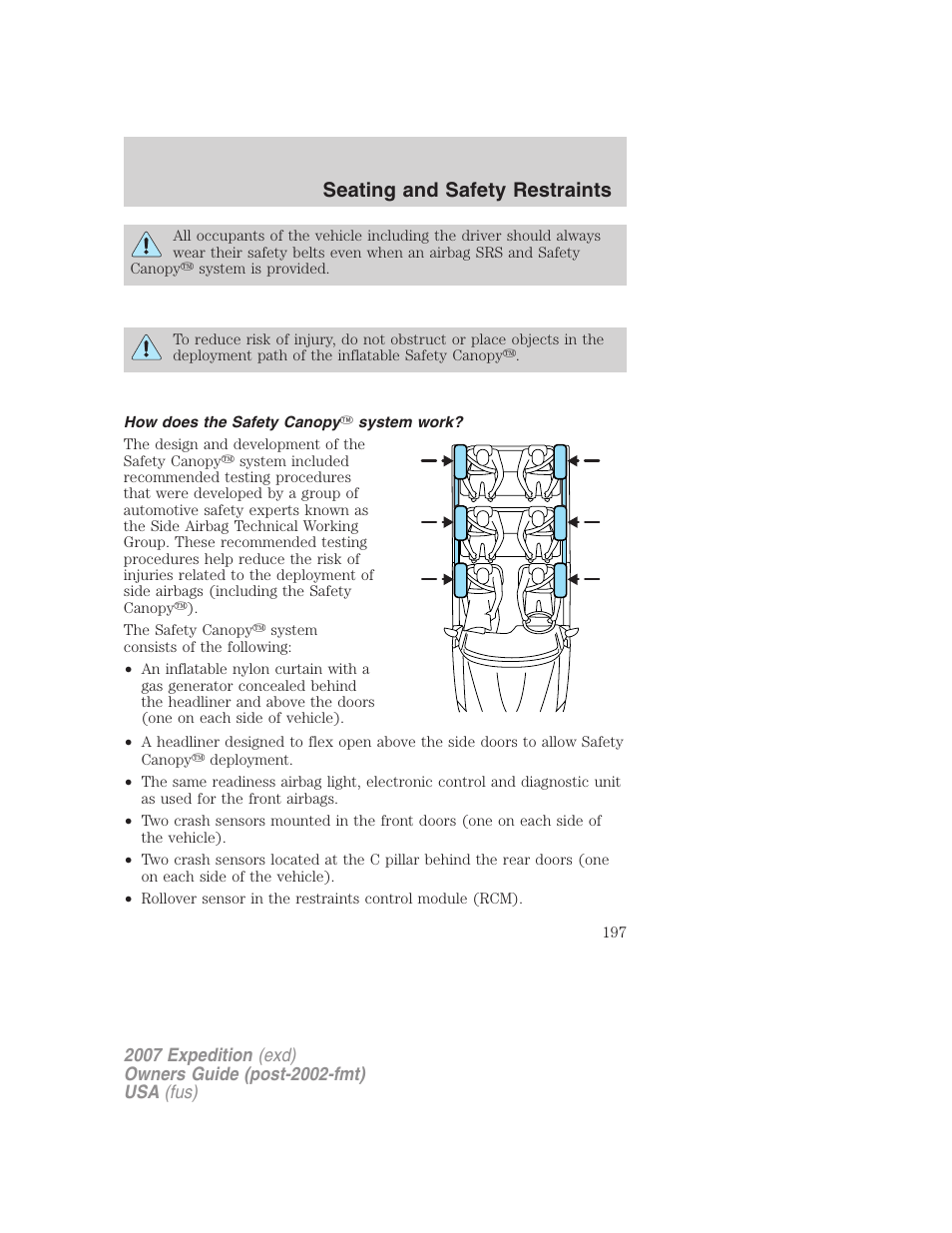 How does the safety canopy system work, Seating and safety restraints | FORD 2007 Expedition v.2 User Manual | Page 197 / 376