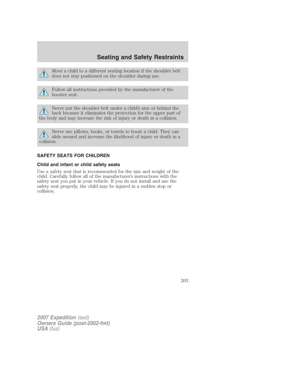 Safety seats for children, Child and infant or child safety seats, Seating and safety restraints | FORD 2007 Expedition v.2 User Manual | Page 203 / 376