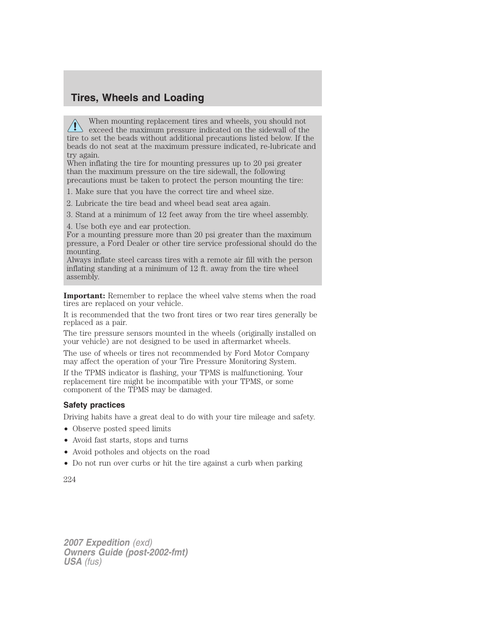 Safety practices, Tires, wheels and loading | FORD 2007 Expedition v.2 User Manual | Page 224 / 376