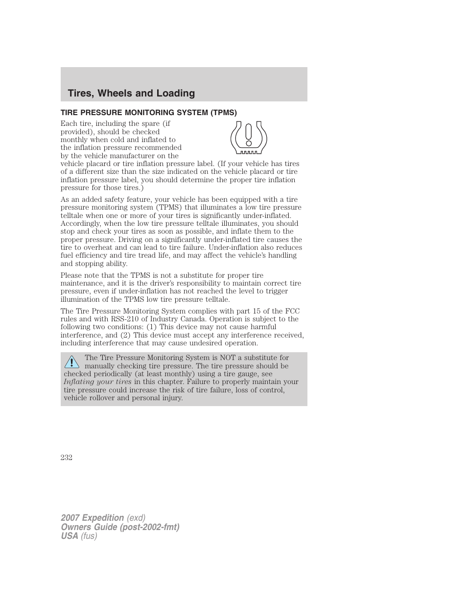 Tire pressure monitoring system (tpms), Tires, wheels and loading | FORD 2007 Expedition v.2 User Manual | Page 232 / 376