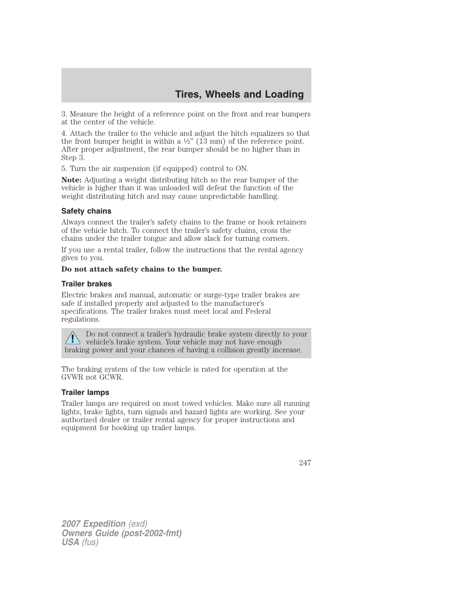 Safety chains, Trailer brakes, Trailer lamps | Tires, wheels and loading | FORD 2007 Expedition v.2 User Manual | Page 247 / 376