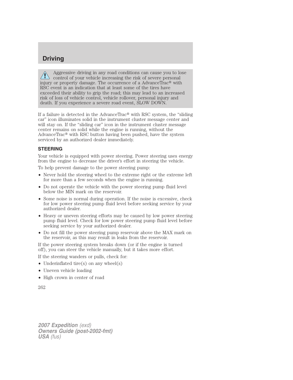 Steering, Driving | FORD 2007 Expedition v.2 User Manual | Page 262 / 376