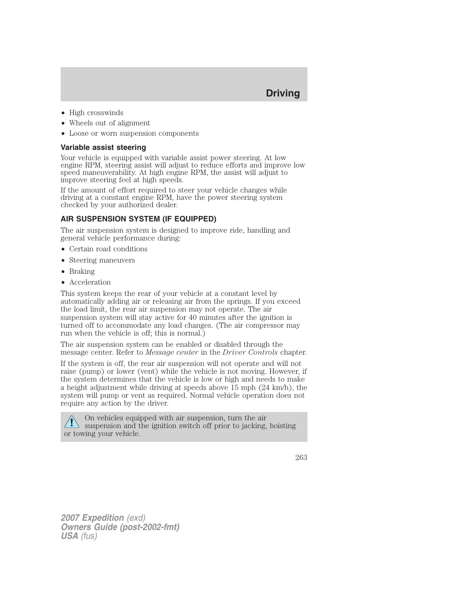 Variable assist steering, Air suspension system (if equipped), Air suspension | Driving | FORD 2007 Expedition v.2 User Manual | Page 263 / 376