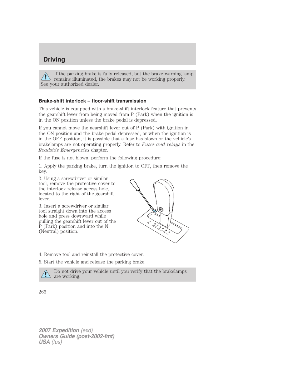 Brake-shift interlock – floor-shift transmission, Driving | FORD 2007 Expedition v.2 User Manual | Page 266 / 376