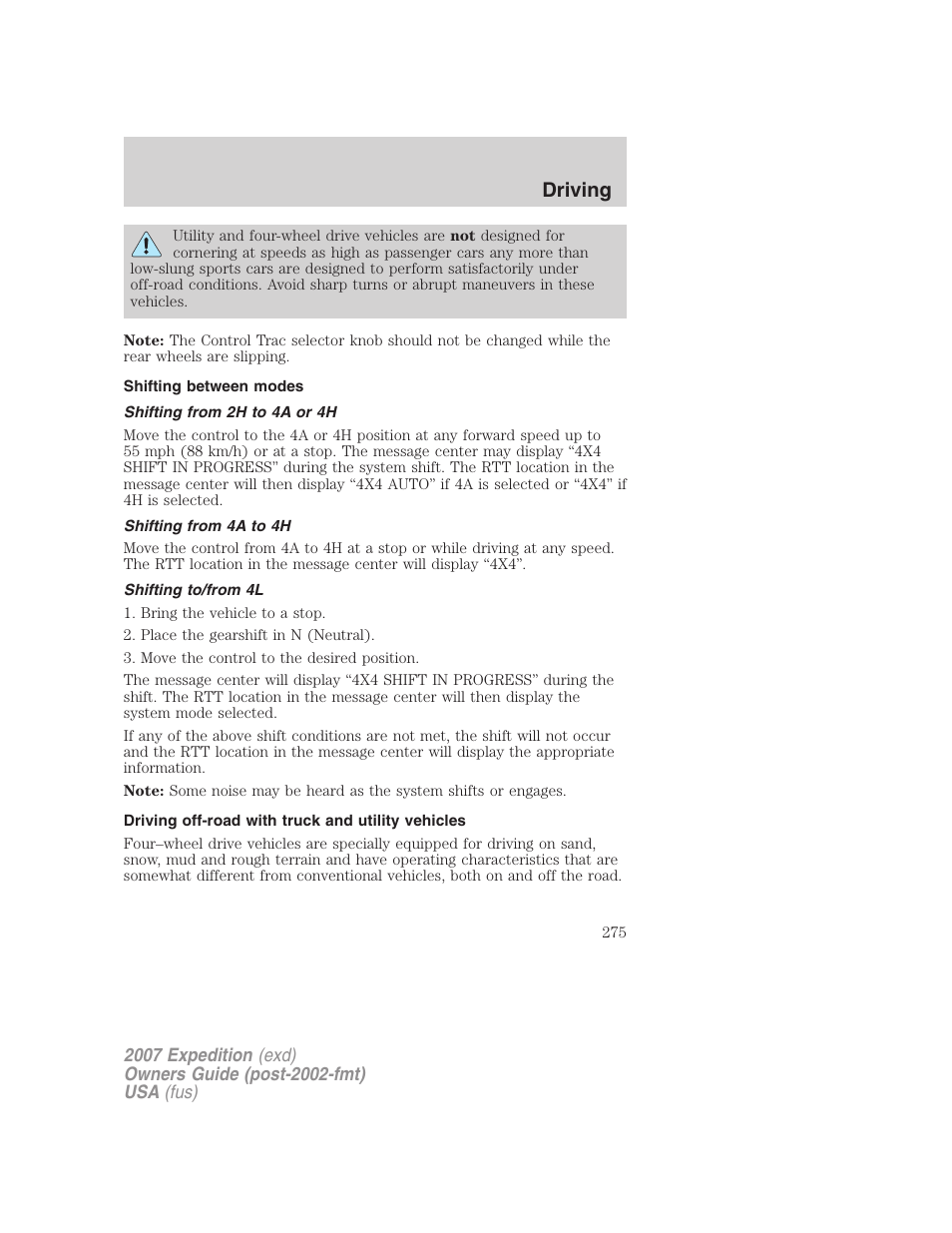 Shifting between modes, Shifting from 2h to 4a or 4h, Shifting from 4a to 4h | Shifting to/from 4l, Driving off-road with truck and utility vehicles, Driving | FORD 2007 Expedition v.2 User Manual | Page 275 / 376