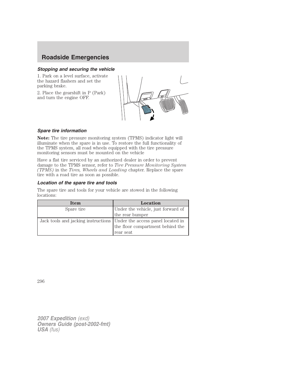 Stopping and securing the vehicle, Spare tire information, Location of the spare tire and tools | Roadside emergencies | FORD 2007 Expedition v.2 User Manual | Page 296 / 376