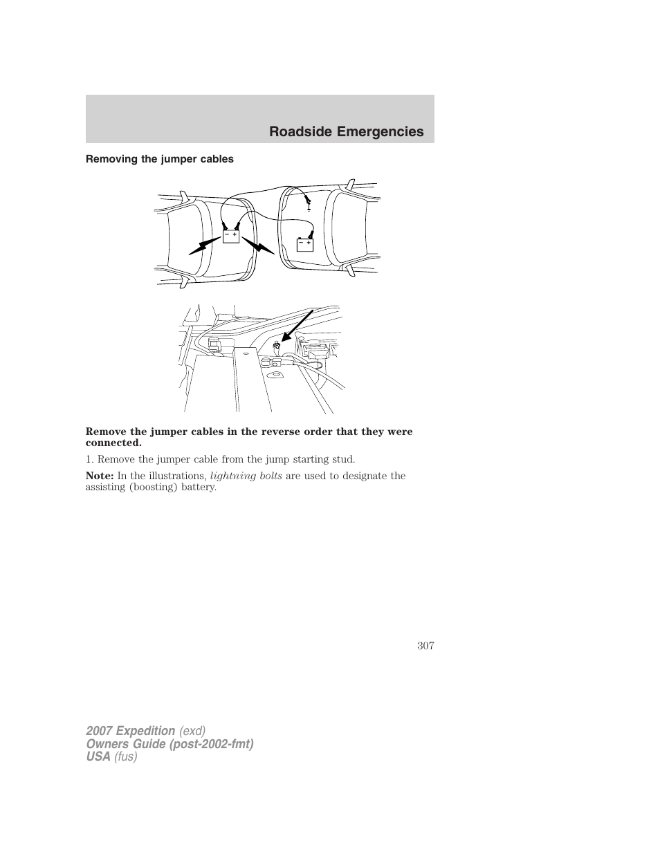 Removing the jumper cables, Roadside emergencies | FORD 2007 Expedition v.2 User Manual | Page 307 / 376