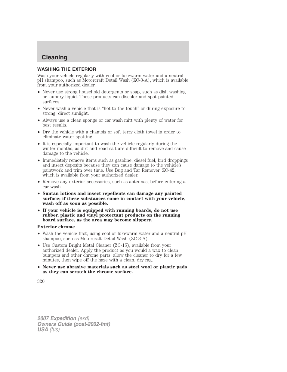 Cleaning, Washing the exterior | FORD 2007 Expedition v.2 User Manual | Page 320 / 376