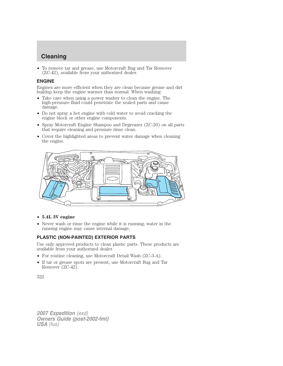 Engine, Plastic (non-painted) exterior parts, Cleaning | FORD 2007 Expedition v.2 User Manual | Page 322 / 376