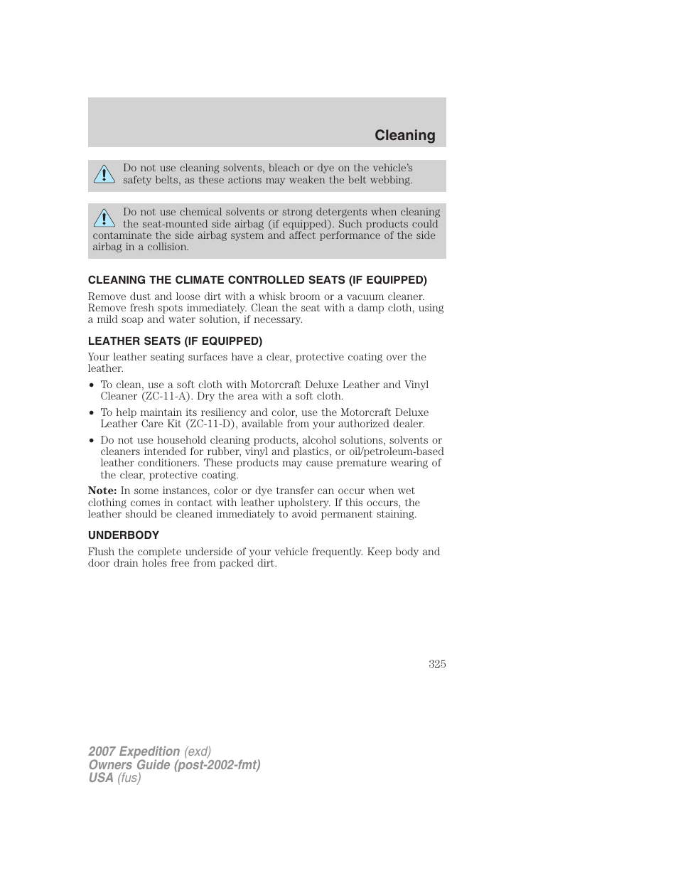 Leather seats (if equipped), Underbody, Cleaning | FORD 2007 Expedition v.2 User Manual | Page 325 / 376