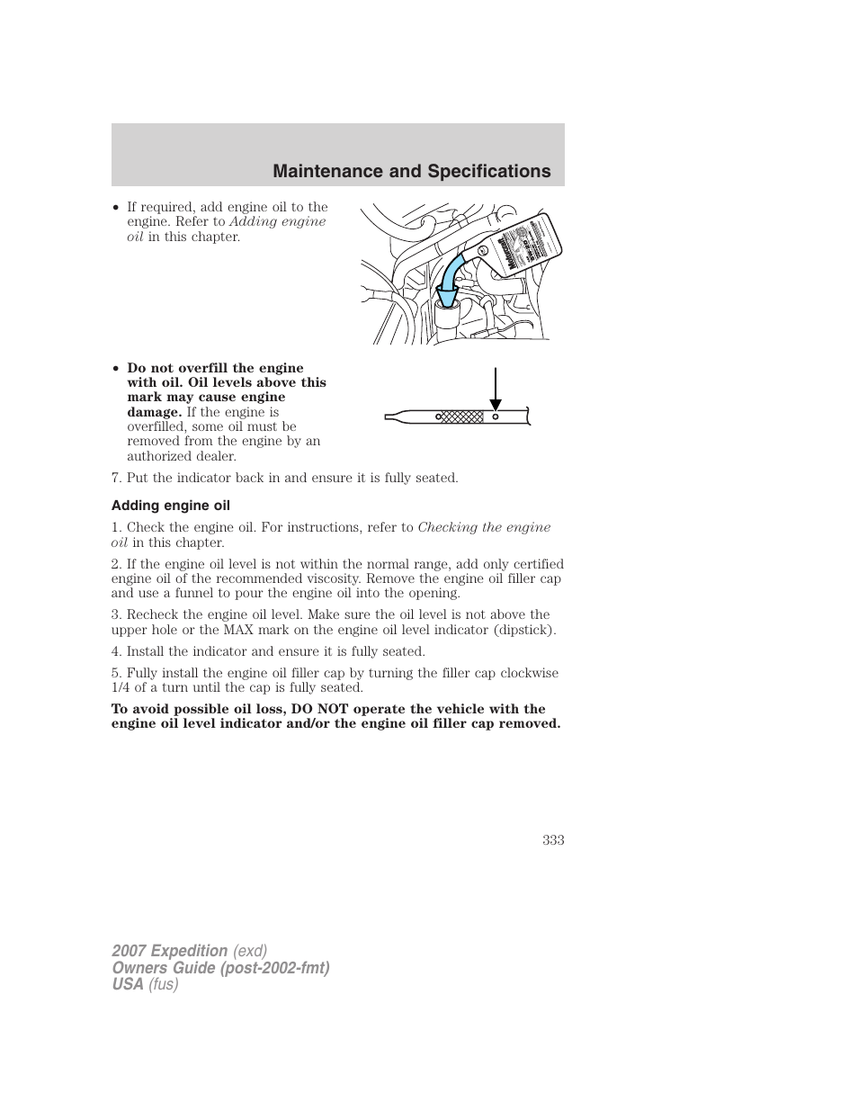 Adding engine oil, Maintenance and specifications | FORD 2007 Expedition v.2 User Manual | Page 333 / 376