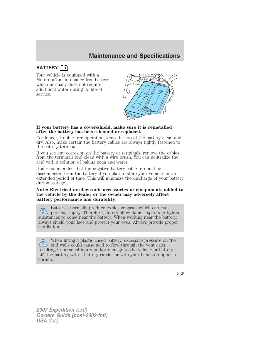 Battery, Maintenance and specifications | FORD 2007 Expedition v.2 User Manual | Page 335 / 376