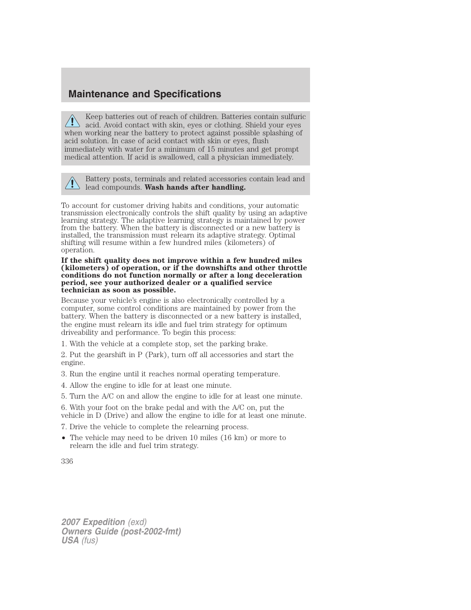 Maintenance and specifications | FORD 2007 Expedition v.2 User Manual | Page 336 / 376