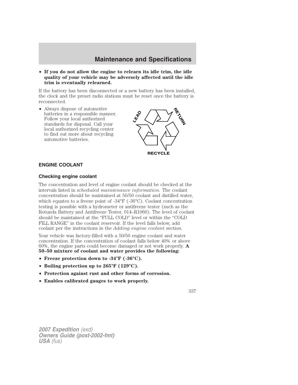 Engine coolant, Checking engine coolant, Maintenance and specifications | FORD 2007 Expedition v.2 User Manual | Page 337 / 376