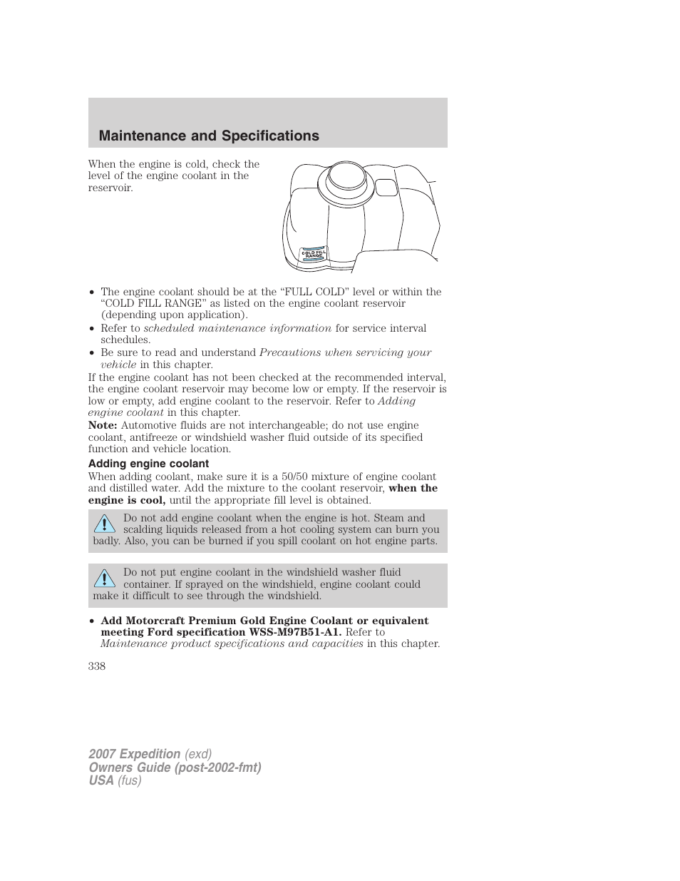 Adding engine coolant, Maintenance and specifications | FORD 2007 Expedition v.2 User Manual | Page 338 / 376