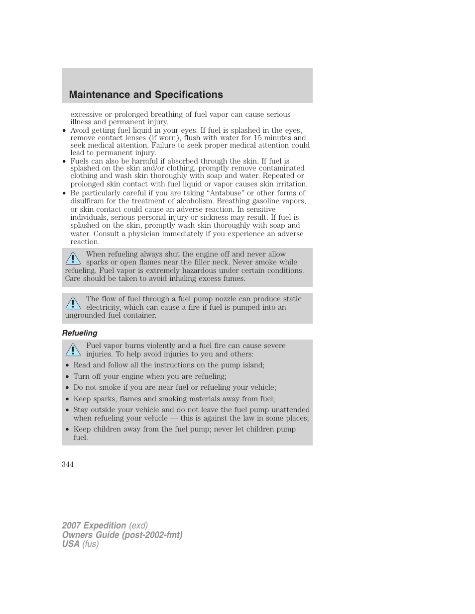 Refueling, Maintenance and specifications | FORD 2007 Expedition v.2 User Manual | Page 344 / 376