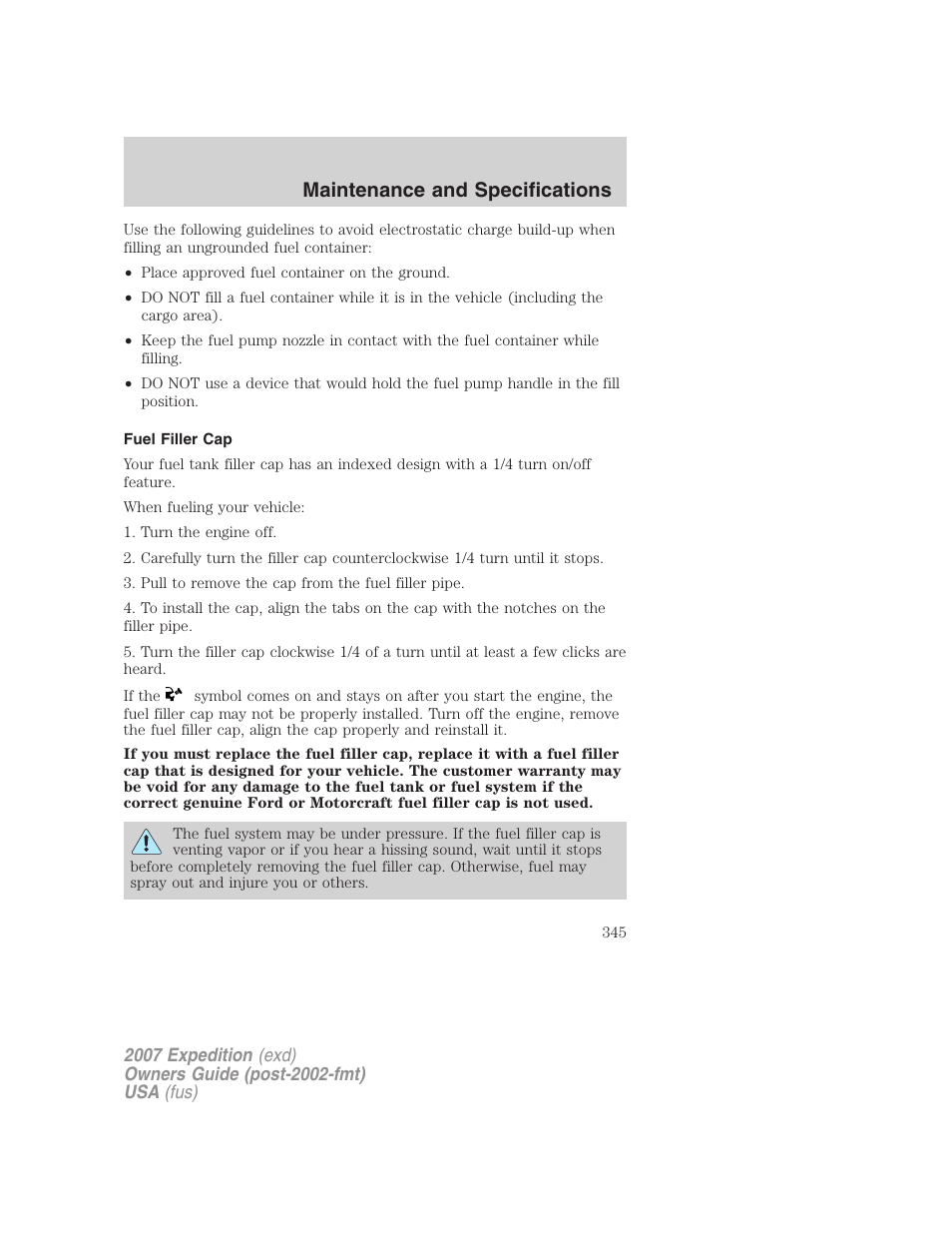 Fuel filler cap, Maintenance and specifications | FORD 2007 Expedition v.2 User Manual | Page 345 / 376