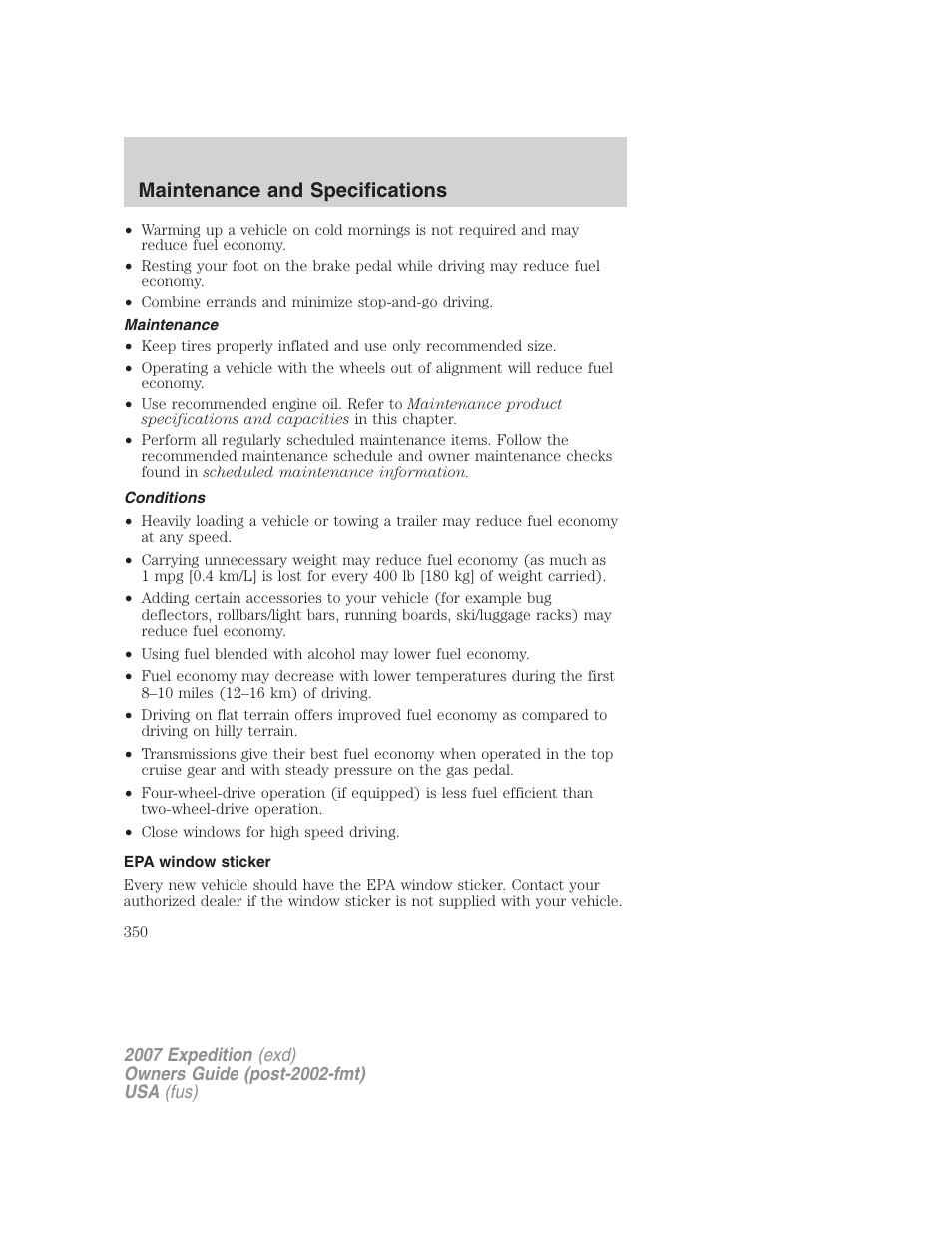 Maintenance, Conditions, Epa window sticker | Maintenance and specifications | FORD 2007 Expedition v.2 User Manual | Page 350 / 376