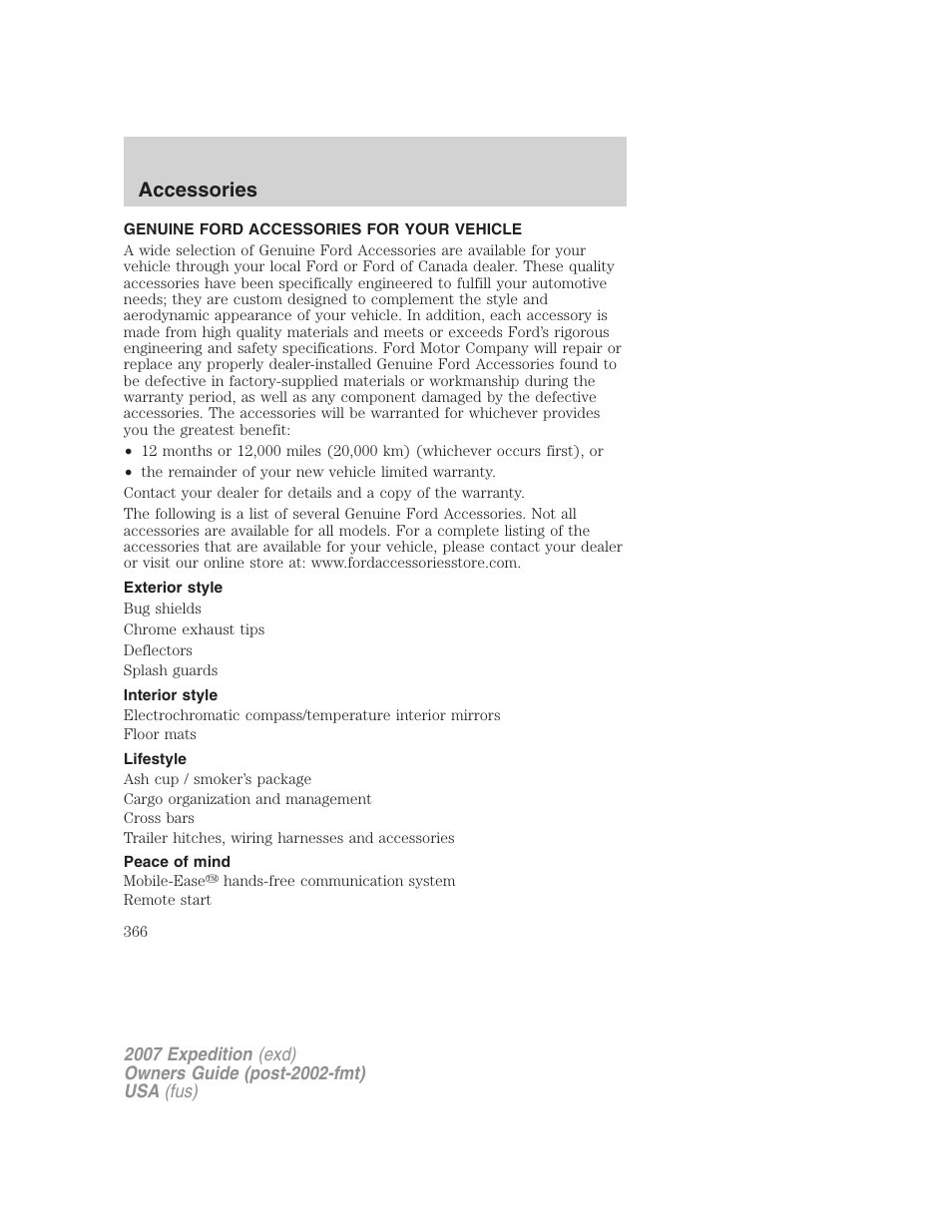 Accessories, Genuine ford accessories for your vehicle, Exterior style | Interior style, Lifestyle, Peace of mind | FORD 2007 Expedition v.2 User Manual | Page 366 / 376