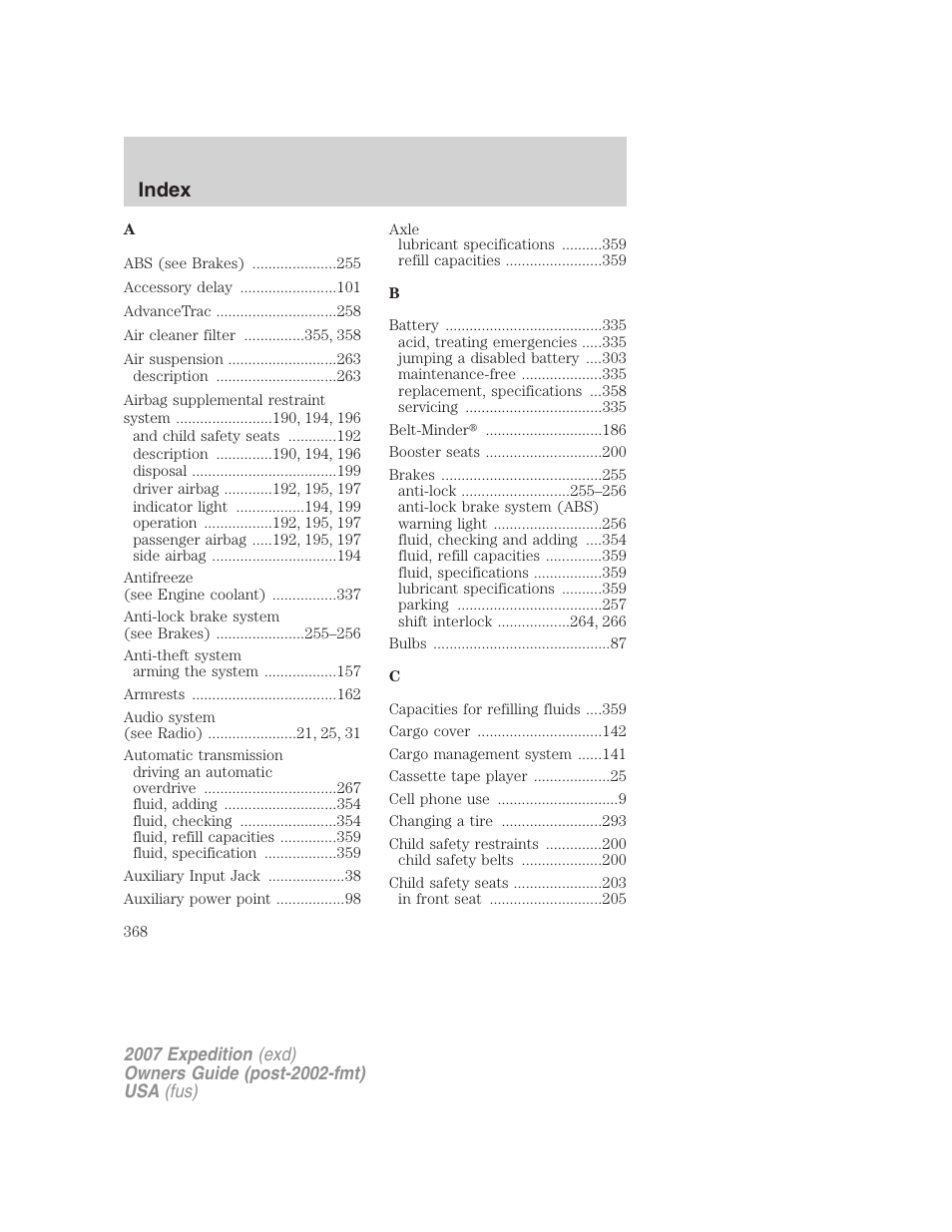 Index | FORD 2007 Expedition v.2 User Manual | Page 368 / 376