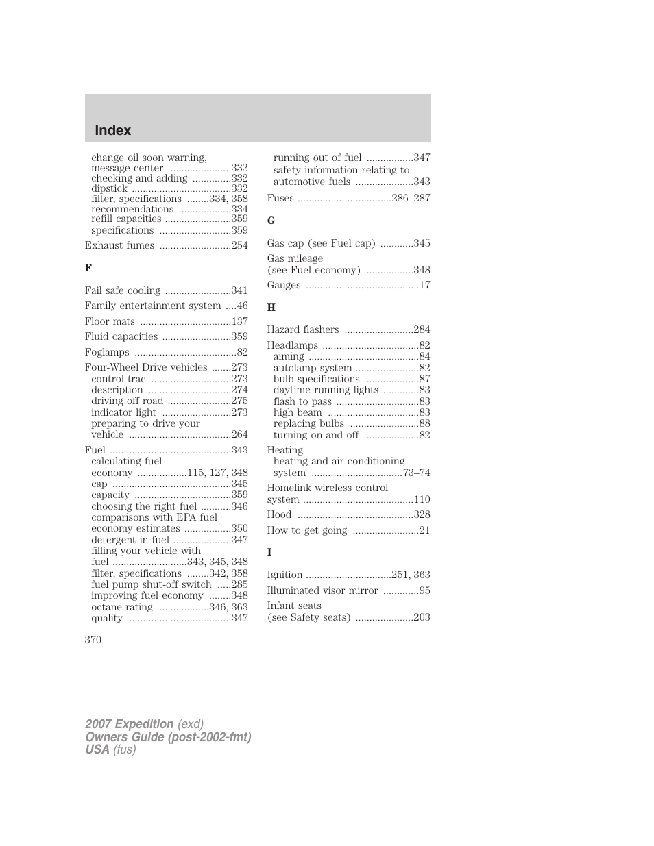 Index | FORD 2007 Expedition v.2 User Manual | Page 370 / 376