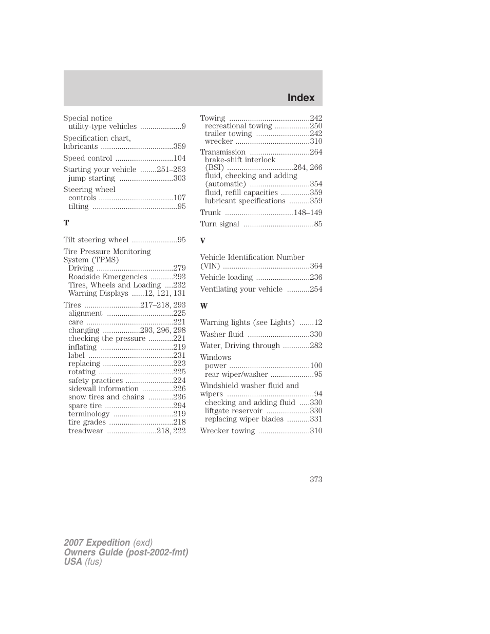 Index | FORD 2007 Expedition v.2 User Manual | Page 373 / 376