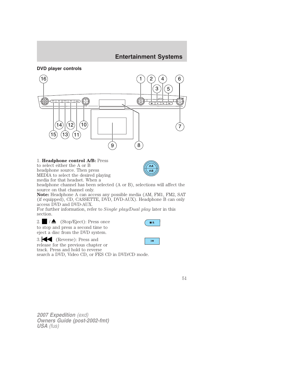 Dvd player controls, Entertainment systems | FORD 2007 Expedition v.2 User Manual | Page 51 / 376