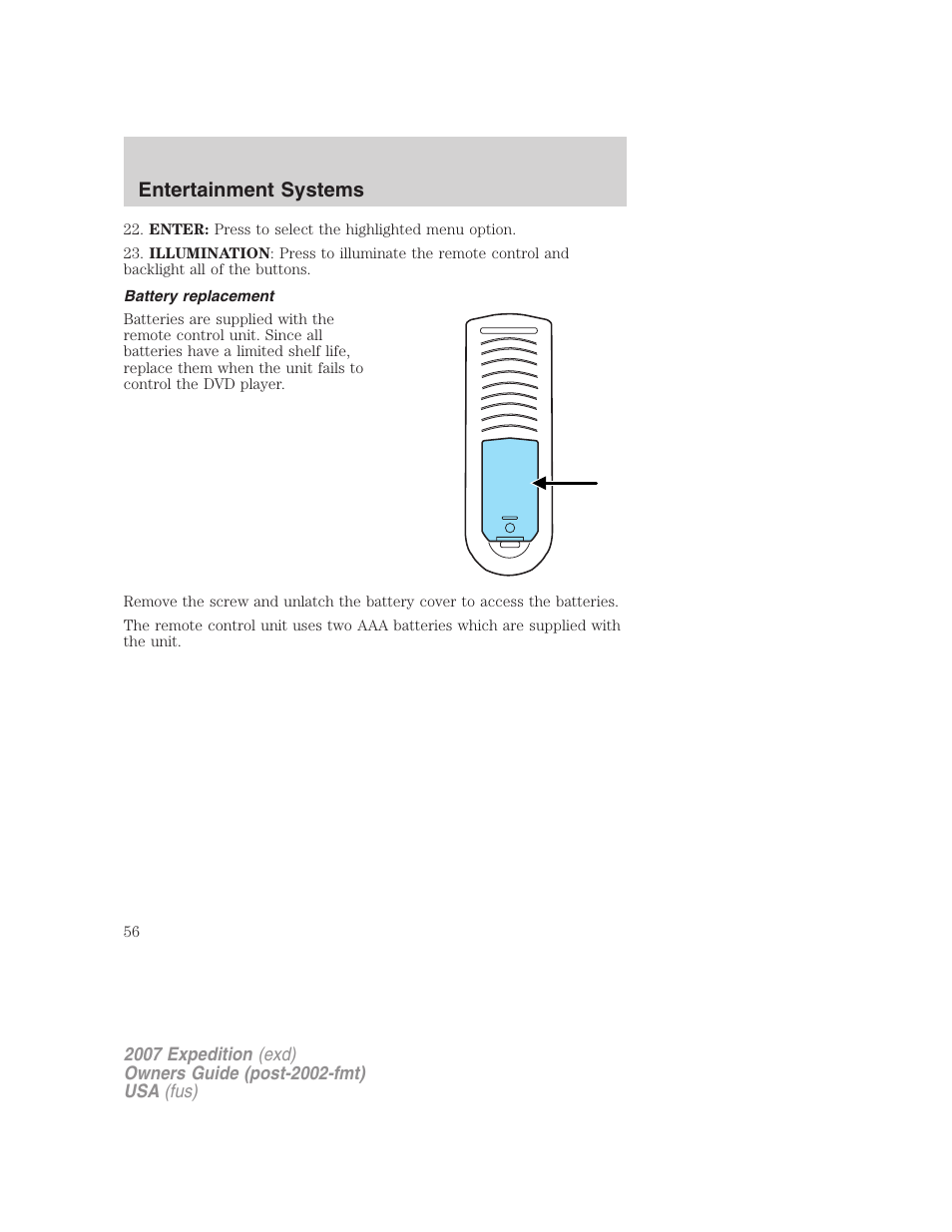 Battery replacement, Entertainment systems | FORD 2007 Expedition v.2 User Manual | Page 56 / 376