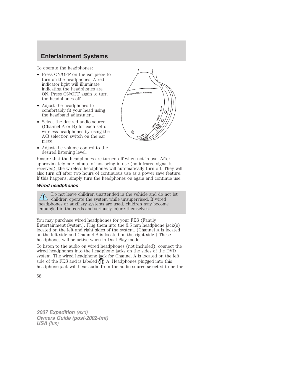 Wired headphones, Entertainment systems | FORD 2007 Expedition v.2 User Manual | Page 58 / 376