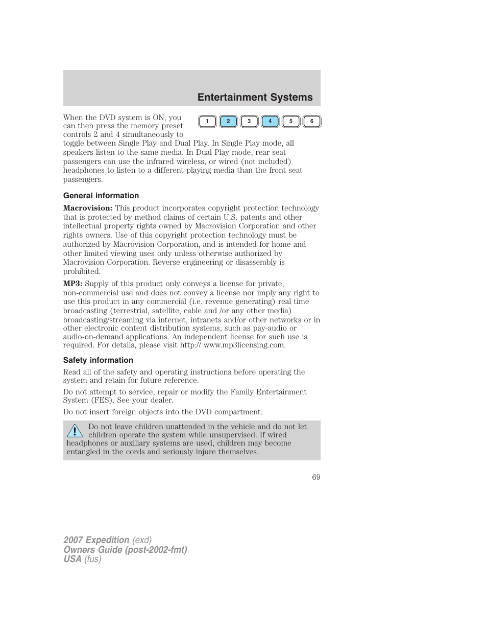General information, Safety information, Entertainment systems | FORD 2007 Expedition v.2 User Manual | Page 69 / 376
