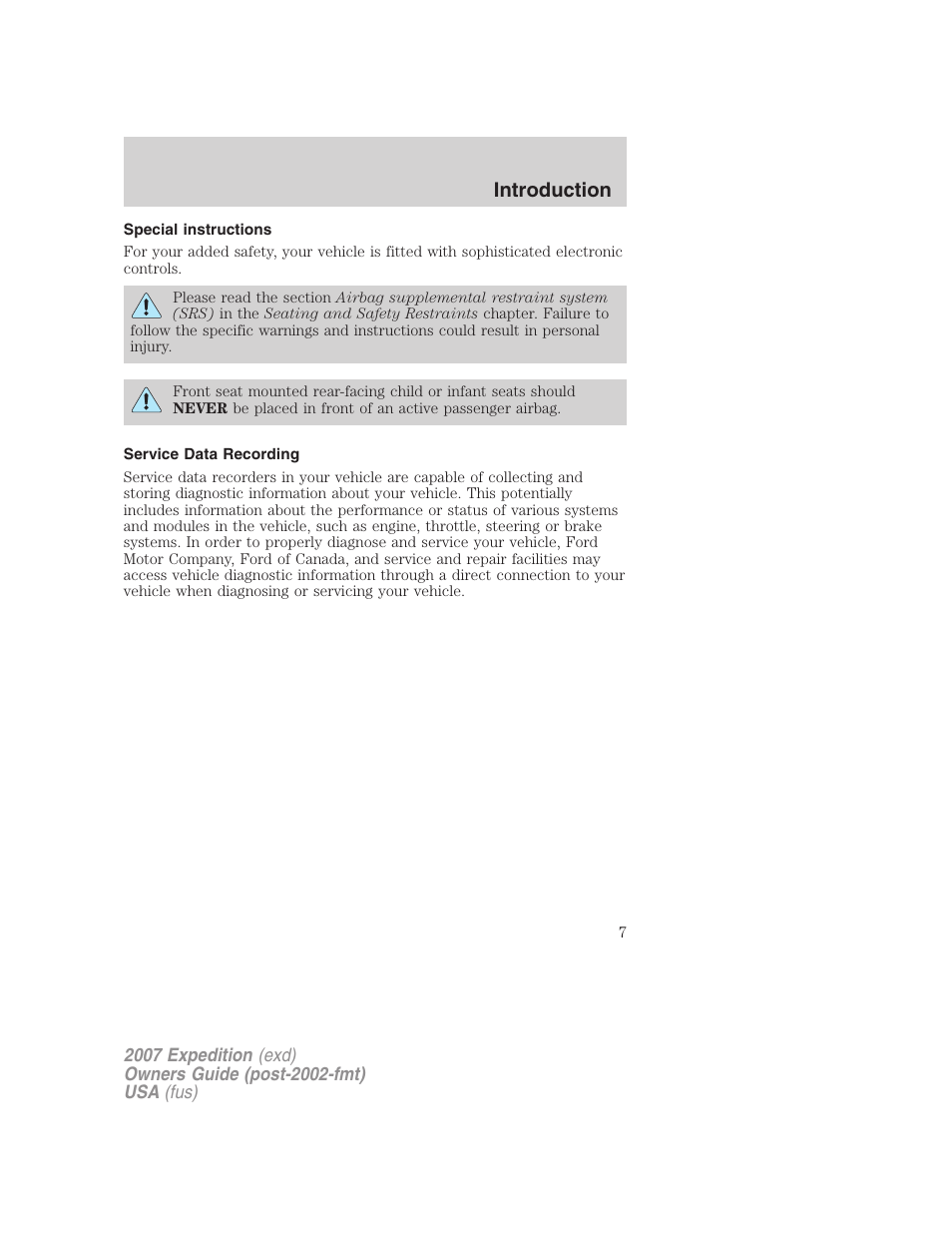 Special instructions, Service data recording, Introduction | FORD 2007 Expedition v.2 User Manual | Page 7 / 376