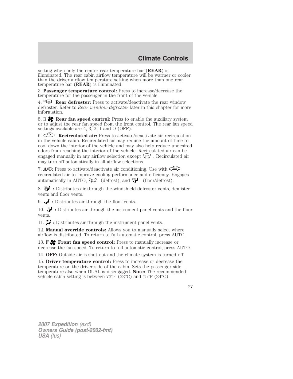 Climate controls | FORD 2007 Expedition v.2 User Manual | Page 77 / 376