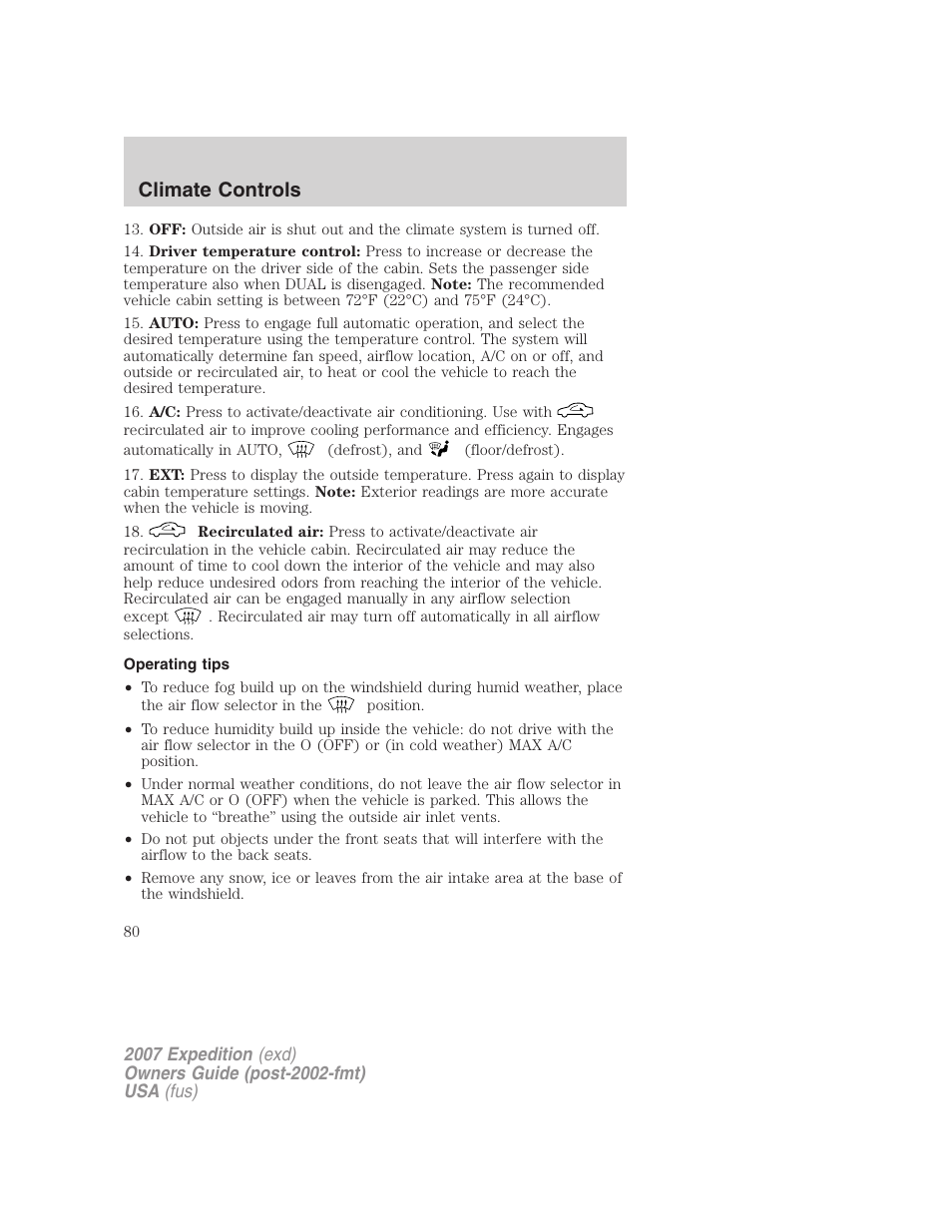 Operating tips, Climate controls | FORD 2007 Expedition v.2 User Manual | Page 80 / 376